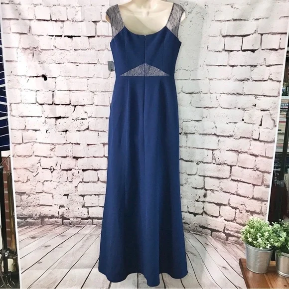 AIDAN MATTOX Lace inset cutout Navy Blue floor length gown Size 4 NEW WITH TAGS - Picture 4 of 15